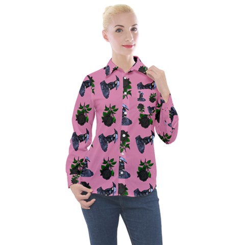 Gothic Girl Rose Light Pink Pattern Women s Long Sleeve Pocket Shirt by snowwhitegirl