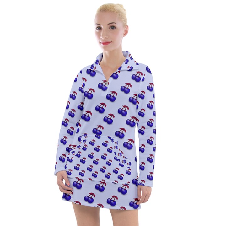 Retro Blue Cherries Women s Long Sleeve Casual Dress