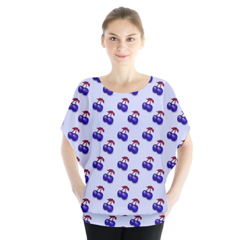 Retro Blue Cherries Batwing Chiffon Blouse by snowwhitegirl