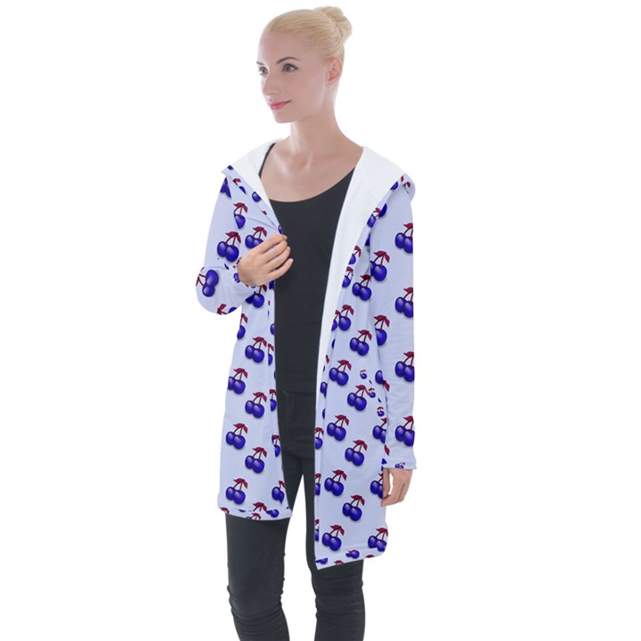 Retro Blue Cherries Longline Hooded Cardigan