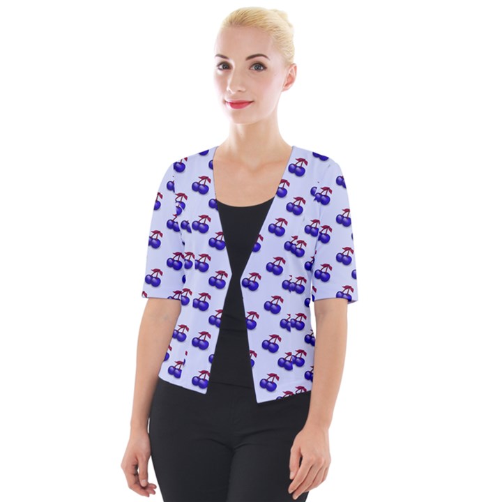 Retro Blue Cherries Cropped Button Cardigan