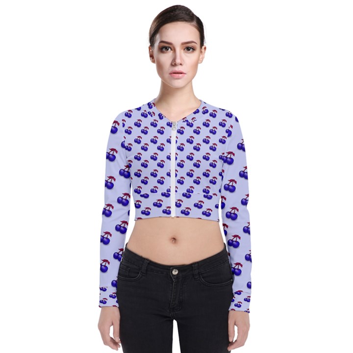 Retro Blue Cherries Long Sleeve Zip Up Bomber Jacket