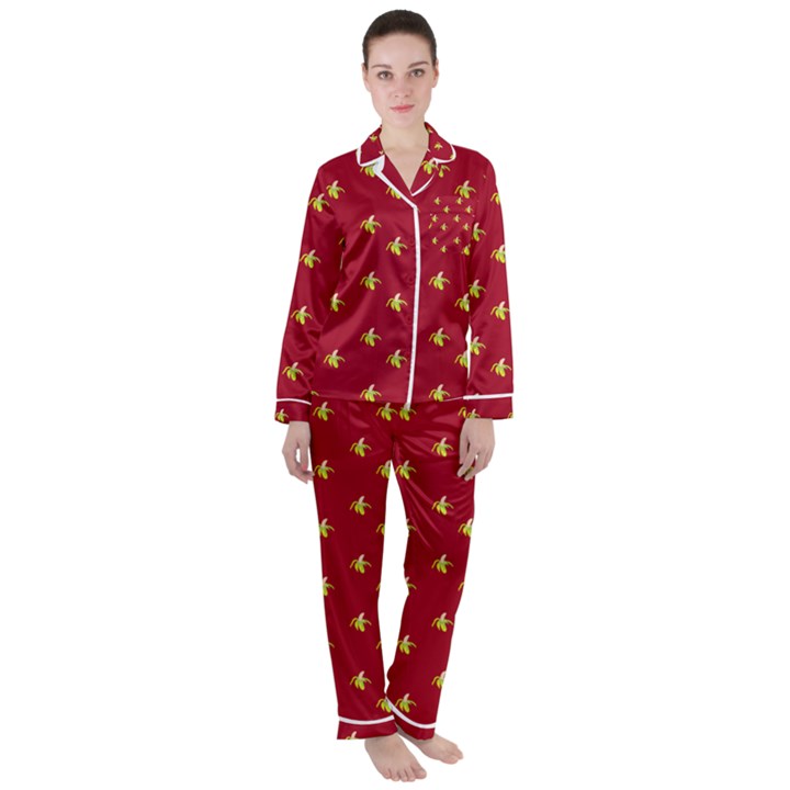 Peeled Banana On Red Satin Long Sleeve Pyjamas Set