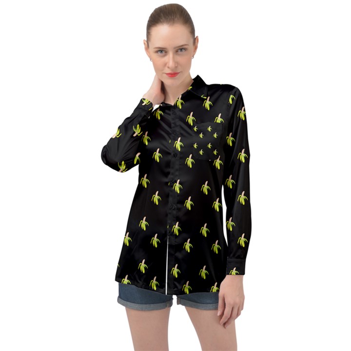 Peeled Banana On Black Long Sleeve Satin Shirt