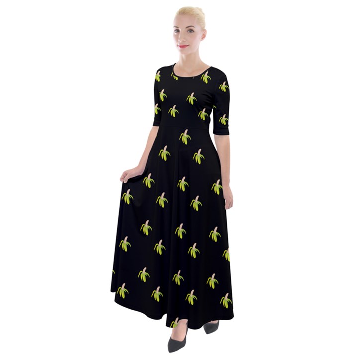 Peeled Banana On Black Half Sleeves Maxi Dress