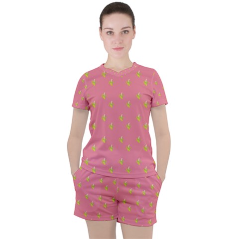 Peeled Banana On Pink Women s Tee And Shorts Set by snowwhitegirl