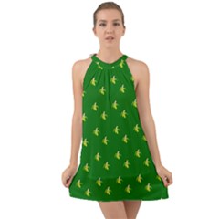 Peeled Banana On Green Halter Tie Back Chiffon Dress