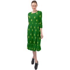 Peeled Banana On Green Ruffle End Midi Chiffon Dress