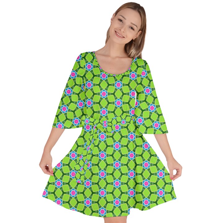 Pattern Green Velour Kimono Dress