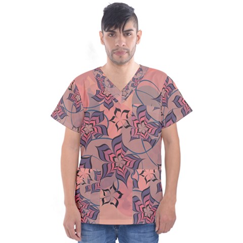 Flowers Orange Purple Warm Men s V-neck Scrub Top by Bajindul