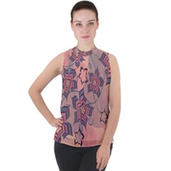 Flowers Orange Purple Warm Mock Neck Chiffon Sleeveless Top by Bajindul