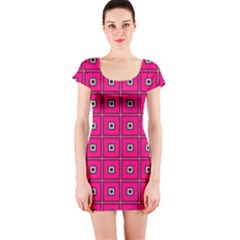 Pink Pattern Squares Short Sleeve Bodycon Dress