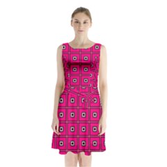 Pink Pattern Squares Sleeveless Waist Tie Chiffon Dress