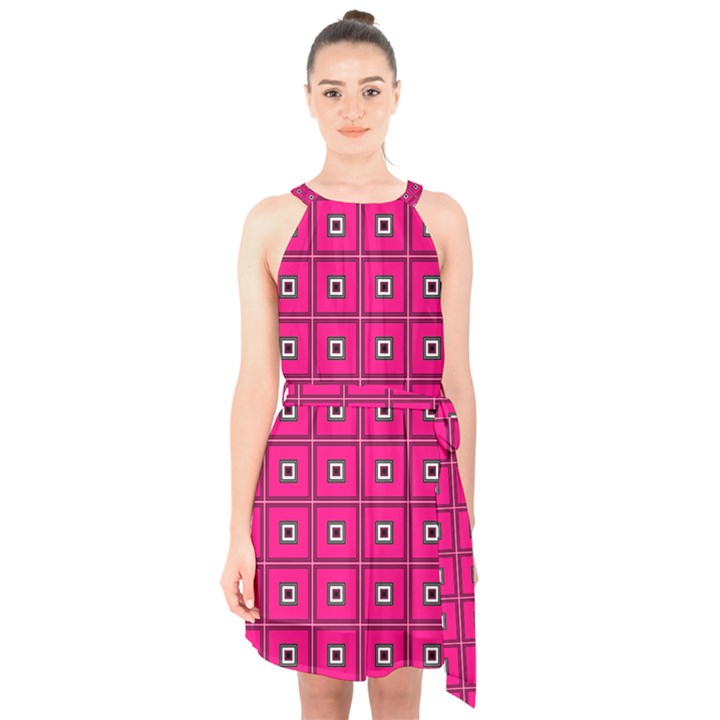 Pink Pattern Squares Halter Collar Waist Tie Chiffon Dress