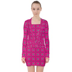 Pink Pattern Squares V-neck Bodycon Long Sleeve Dress