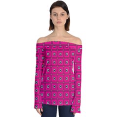 Pink Pattern Squares Off Shoulder Long Sleeve Top