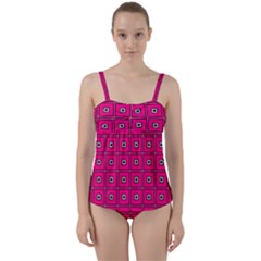 Pink Pattern Squares Twist Front Tankini Set