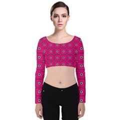 Pink Pattern Squares Velvet Long Sleeve Crop Top