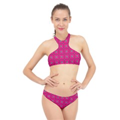 Pink Pattern Squares High Neck Bikini Set