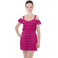 Pink Pattern Squares Ruffle Cut Out Chiffon Playsuit