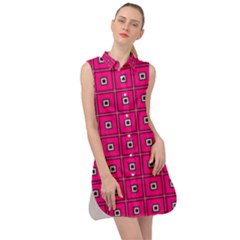 Pink Pattern Squares Sleeveless Shirt Dress