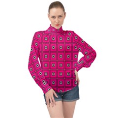 Pink Pattern Squares High Neck Long Sleeve Chiffon Top