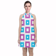 Pattern Plaid Velvet Halter Neckline Dress 