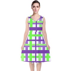 Plaid Waffle Gingham V-neck Midi Sleeveless Dress 