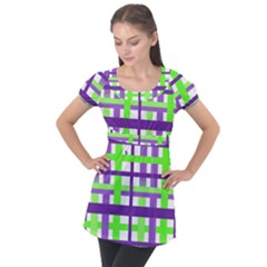 Plaid Waffle Gingham Puff Sleeve Tunic Top by HermanTelo