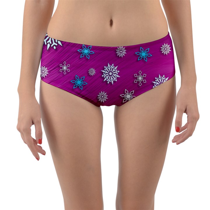 Snowflakes Winter Christmas Purple Reversible Mid-Waist Bikini Bottoms