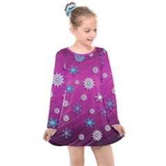 Snowflakes Winter Christmas Purple Kids  Long Sleeve Dress by HermanTelo