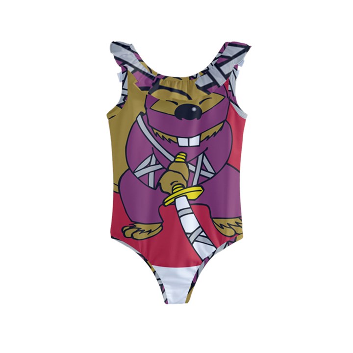 Ninja Beaver Animal Humor Joke Kids  Frill Swimsuit