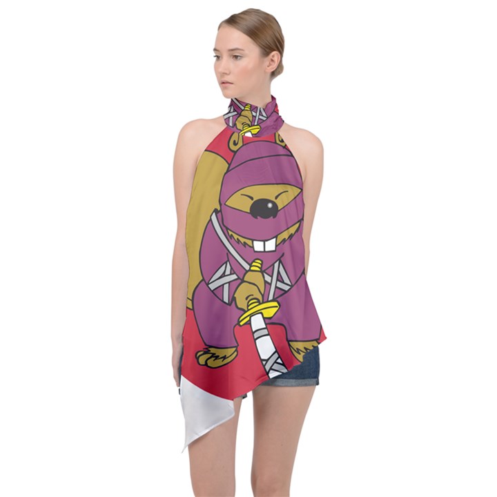 Ninja Beaver Animal Humor Joke Halter Asymmetric Satin Top