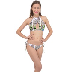 Graphic Kawaii Bunnies Cross Front Halter Bikini Set by Sudhe