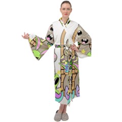 Graphic Kawaii Bunnies Maxi Tie Front Velour Kimono by Sudhe