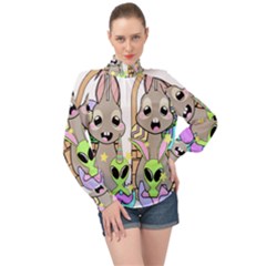 Graphic Kawaii Bunnies High Neck Long Sleeve Chiffon Top by Sudhe