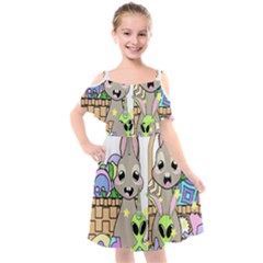 Graphic Kawaii Bunnies Kids  Cut Out Shoulders Chiffon Dress