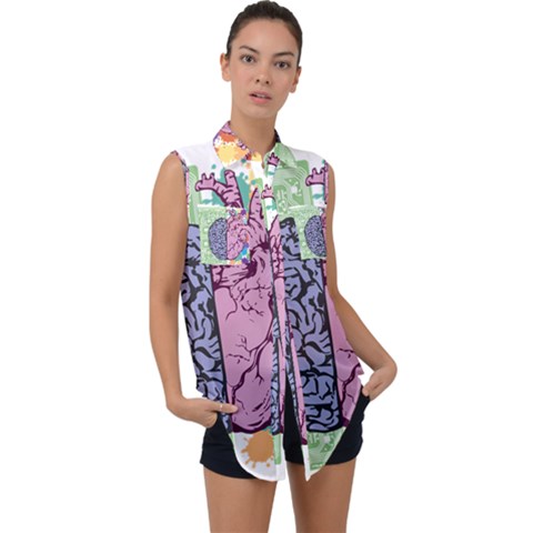 Brain Heart Balance Emotion Sleeveless Chiffon Button Shirt by Sudhe