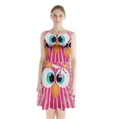 Bird Fluffy Animal Cute Feather Pink Sleeveless Waist Tie Chiffon Dress by Sudhe