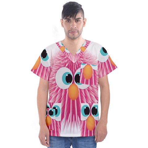 Bird Fluffy Animal Cute Feather Pink Men s V-neck Scrub Top by Sudhe