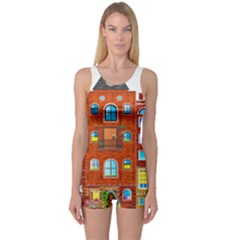 Town Buildings Old Brick Building One Piece Boyleg Swimsuit by Sudhe