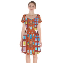 Town Buildings Old Brick Building Short Sleeve Bardot Dress by Sudhe