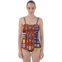 Town Buildings Old Brick Building Twist Front Tankini Set by Sudhe