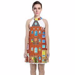 Town Buildings Old Brick Building Velvet Halter Neckline Dress 