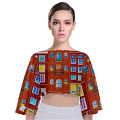 Town Buildings Old Brick Building Tie Back Butterfly Sleeve Chiffon Top by Sudhe