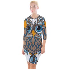 Owl Drawing Art Vintage Clothing Blue Feather Quarter Sleeve Hood Bodycon Dress by Sudhe