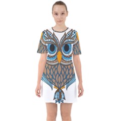 Owl Drawing Art Vintage Clothing Blue Feather Sixties Short Sleeve Mini Dress by Sudhe