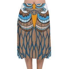 Owl Drawing Art Vintage Clothing Blue Feather Velvet Flared Midi Skirt by Sudhe