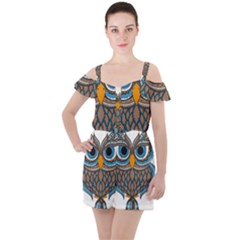 Owl Drawing Art Vintage Clothing Blue Feather Ruffle Cut Out Chiffon Playsuit by Sudhe