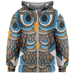 Owl Drawing Art Vintage Clothing Blue Feather Kids  Zipper Hoodie Without Drawstring by Sudhe